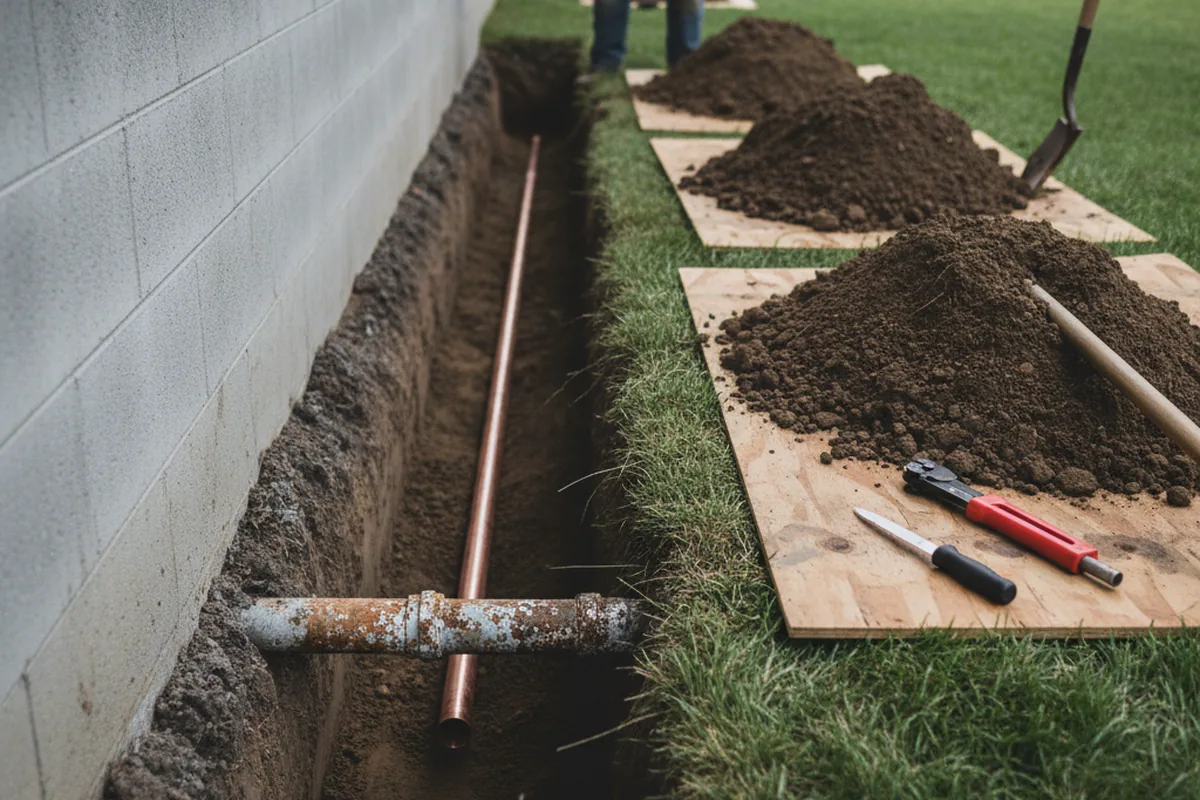 Excavated water line trench during Sewer Line Repair in Rock Springs